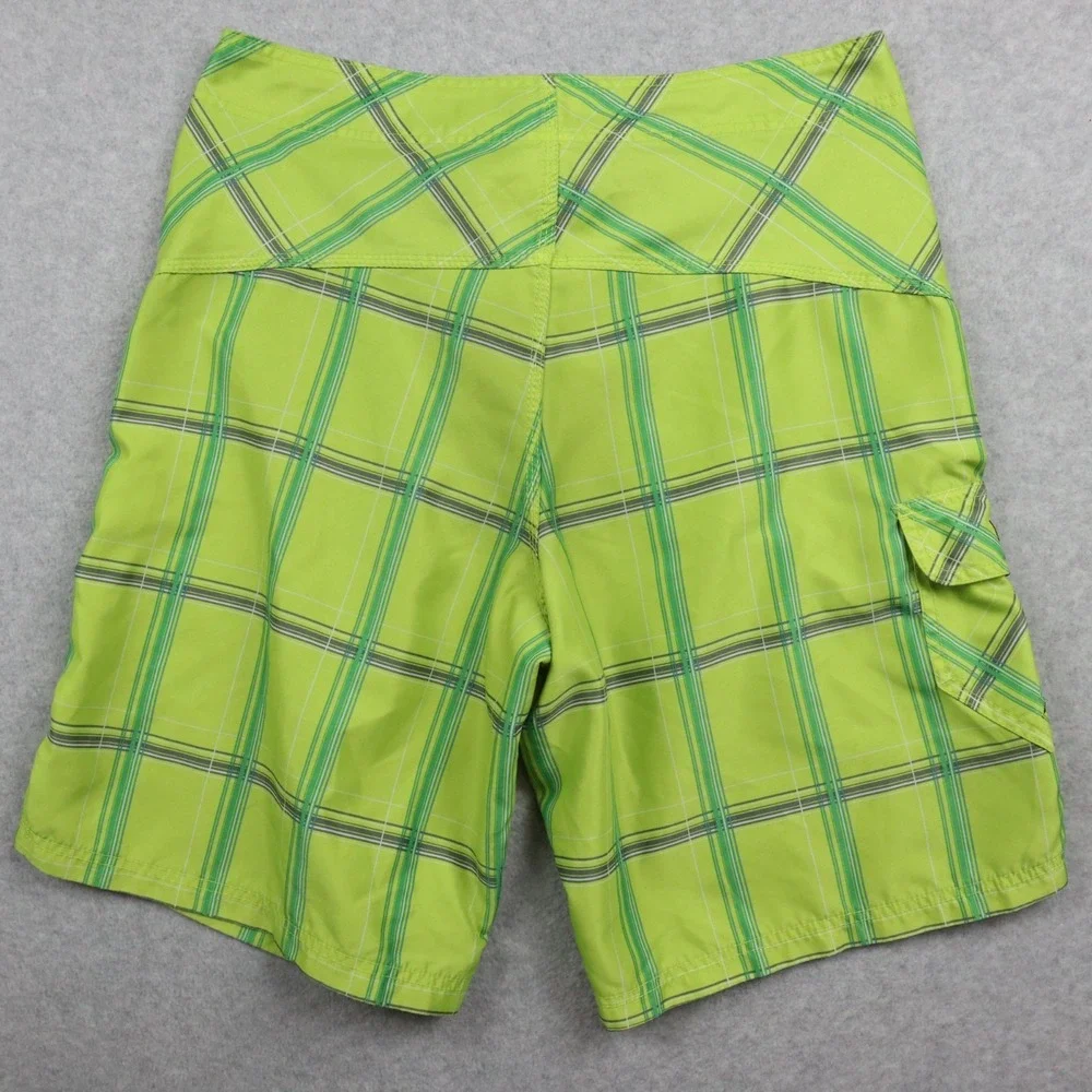 Hurley Board Shorts Mens 34 Cargo Pocket Surf Swim Beach Trunks Lime Green Plaid - Picture 8 of 8